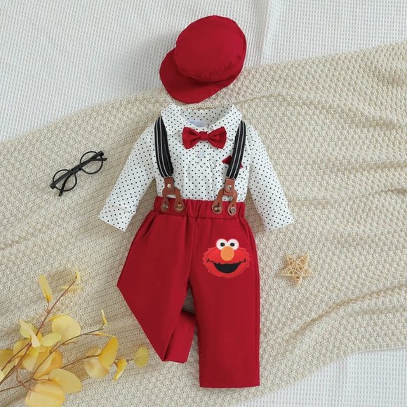 boutique Other - Elmo Outfit Boy Smash Cake Birthday Clothes Sesame Street Suspenders Hat